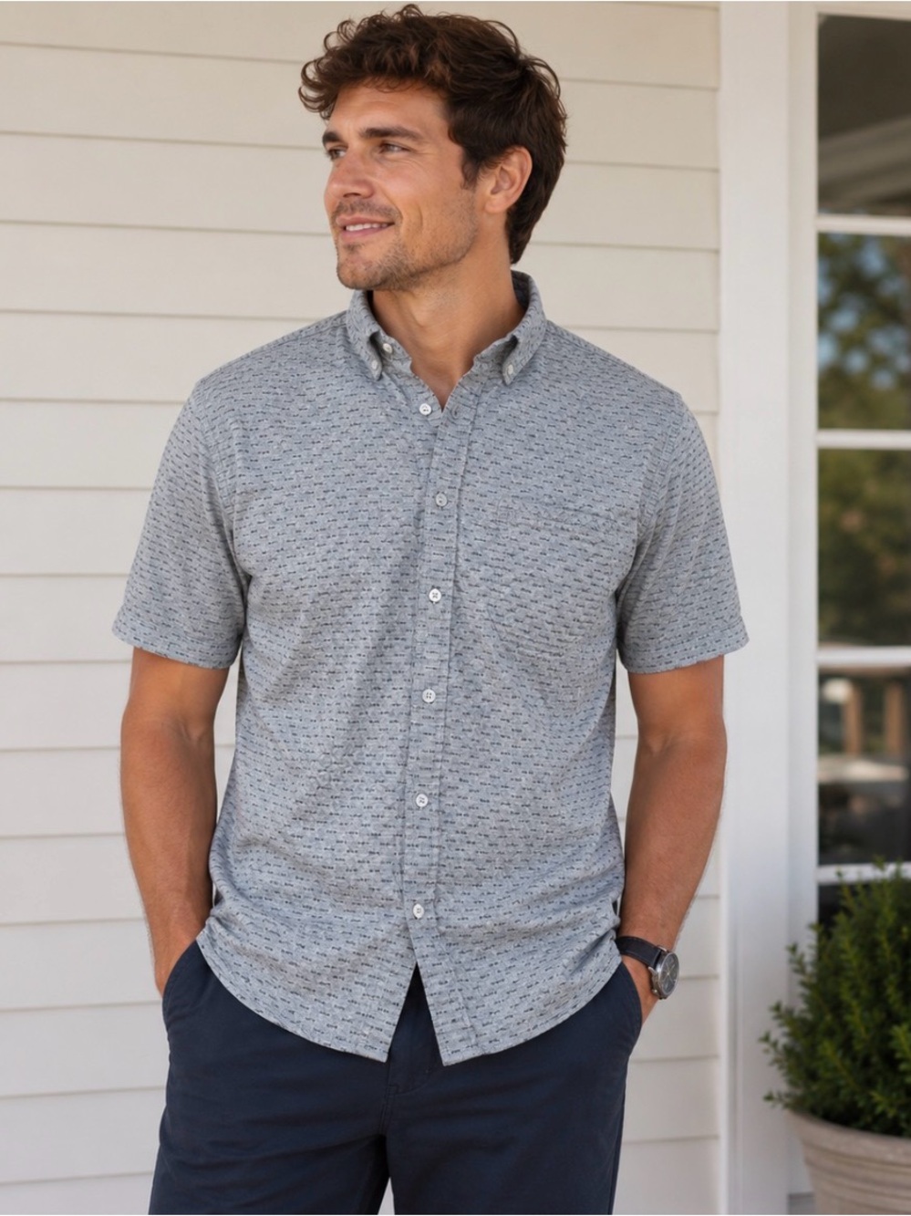 Kuhl Mens Large Gray Textured Geometric Short Sleeve Button Up Hiking Shirt